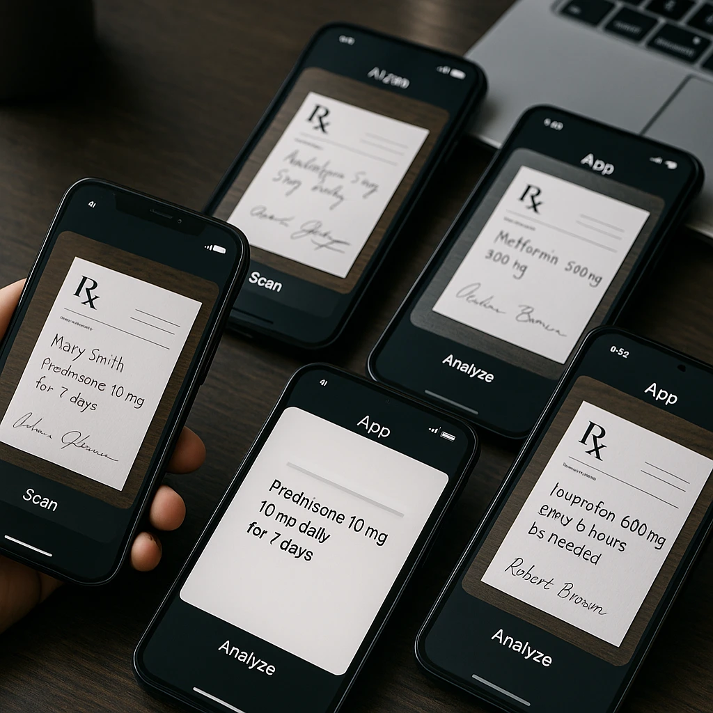 Collection of AI prescription reader apps displayed on smartphones showing handwritten prescriptions being scanned and converted to digital text